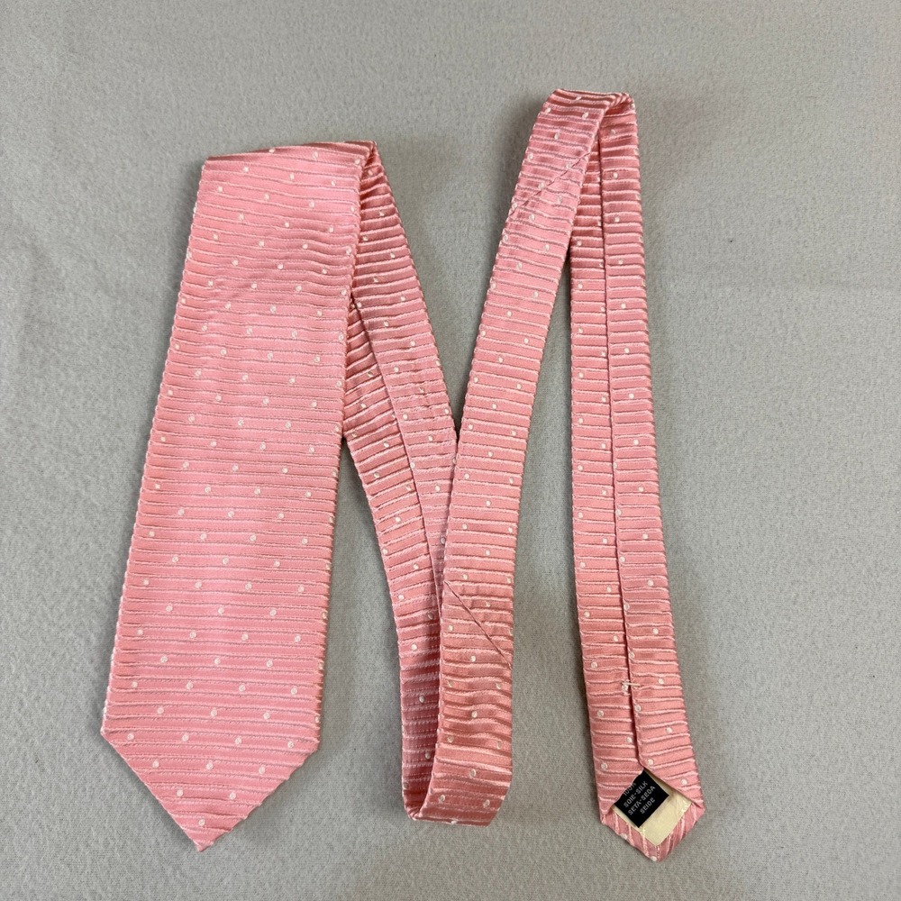 Faconnable Mens Silk Tie Pink Ribbed White Polka Dot Made in Italy Necktie